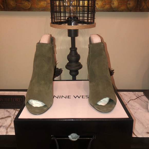 Ankle booties-Olive green suede; brown wooden heel; worn a few times. - Picture 8 of 8